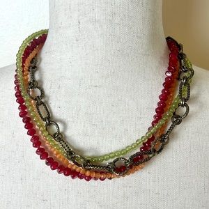 Short multi-strand red, green, orange beads and gold chain necklace